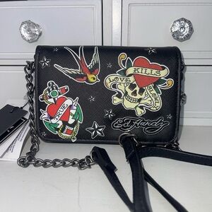 NWT Ed Hardy Black Mini Crossbody Bag with Chain Strap